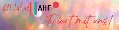 AHF-Jubiläumslogo mit Schriftzug: Feiert mit uns