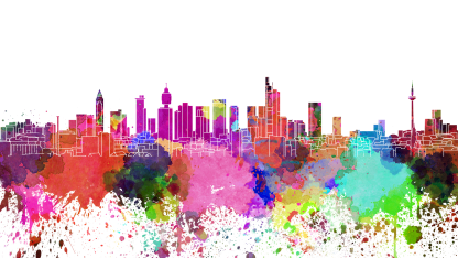 Skyline Frankfurt gezeichnet in Regenbogenfarben