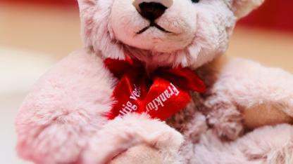 rosafarbener´Teddybär mit roter Schleife