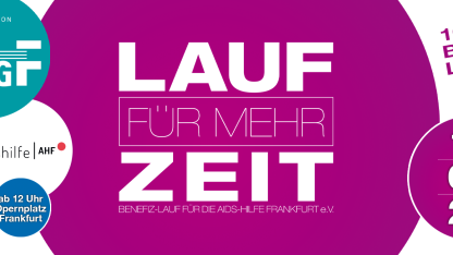 Lila, weiß und grüner Hintergrund mit Lauf für mehr Zeit - Schriftzug