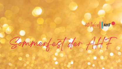 Gelber Glitzerhintergrund, Jubiläumslogo und roter Schriftzug
