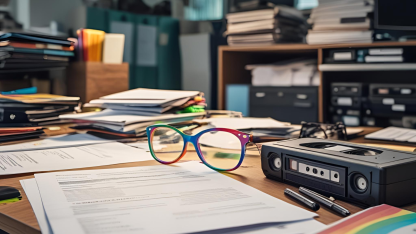 Videokassette, Unterlagen, Brille in Regenbogenfarben, Archivsetting
