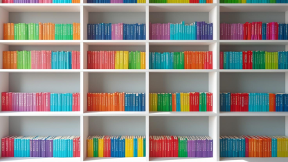 Weißes Regal mit Büchern in Regenbogenfarben