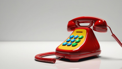 Rotes Telefon mit bunten Tasten vor grauem Hintergrund