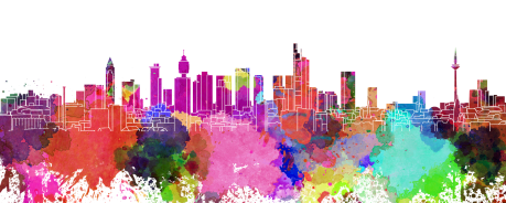 Skyline Frankfurt gezeichnet in Regenbogenfarben