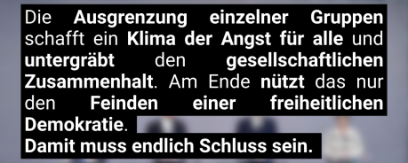 Appell_Bundesregierung Bild mit Text: Die Ausgrenzung einzelner Gruppen schafft ein Klima der Angst für alle und untergräbt den gesellschaftlichen Zusammenhang. Am Ende nützt das nur den Feinden einer freiheitlichen Demokratie. Damit muss Schluss sein