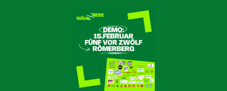 Demoaufruf "Wählt Liebe! Grüner Hintergrund, Demoaufruf mit Logos aller Unterstützer*innen