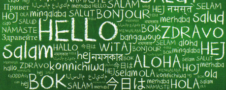 grüner Hintergrund mit weißen Schriftzügen, das Wort Hallo in verschiedenen Sprachen
