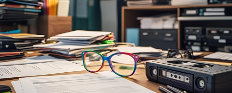 Videokassette, Unterlagen, Brille in Regenbogenfarben, Archivsetting