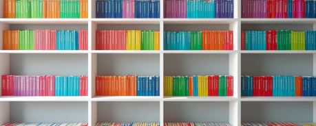 Lili-Elbe-Bibliothek Weißes Regal mit Büchern in Regenbogenfarben