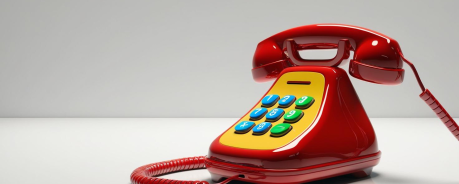 Telefon Rotes Telefon mit bunten Tasten vor grauem Hintergrund