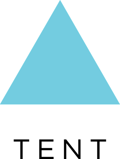 Blaues Dreieck mit TENT-Schriftzug