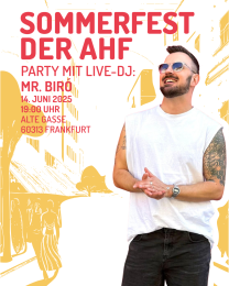 Mr. Biró Sommerfest AHF Gelber Hintergrund, Portrait von Mr.Biró und roter Schriftzug