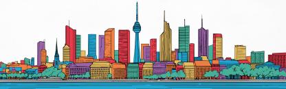 Frankfurter Skyline, gezeichnet in bunten Farben