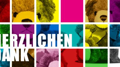 Regenbogen-Vierecke mit Solibär und Herzlichen Dank Schriftzug